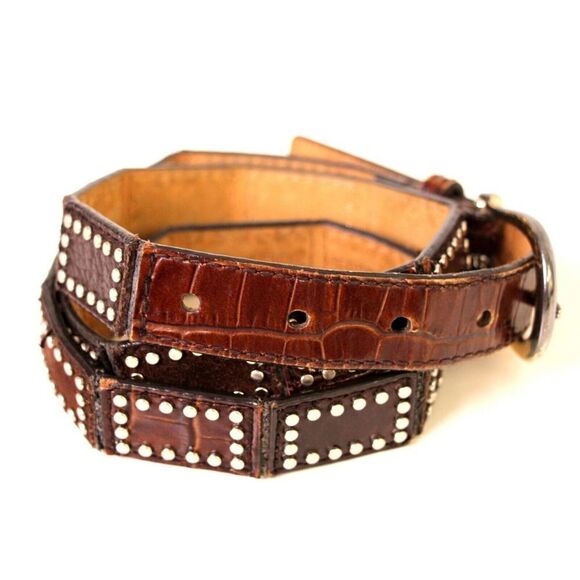 Michael Kors STUDS CROCO BROWN GENUINE LEATHER 1"Wd CASUAL WOMEN'S BELT Sz M (R9 - Picture 4 of 12